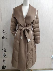 紫澜门Z23QY2320黑色2023冬装女气质羊绒拼接羽绒服修身系带过膝