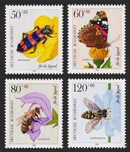 全新外国邮票 东德1984年昆虫类 蜜蜂蝴蝶与甲虫采花图(4枚)