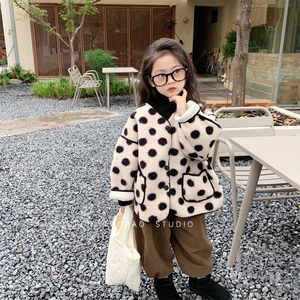 儿童棉服韩国童装女童波点毛毛棉衣2022冬季新品宝宝可爱加绒外套