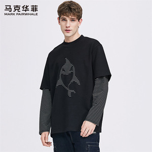 【鲸鱼印花】马克华菲圆领长袖T恤男2024春季新款潮牌假两件上衣
