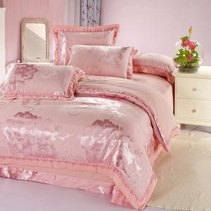 清仓全棉贡缎提花刺绣四件套纯棉床上用品欧式花卉被套床单粉红色