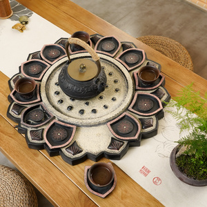 中式古典创意大号圆形茶盘套装托盘杯垫仿石茶几摆件禅意复古茶具