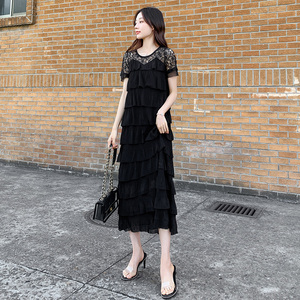 蛋糕长裙女2024夏新款蕾丝拼接法式设计感气质黑色时尚遮肉连衣裙