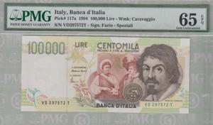 PMG65EPQ 意大利 1994年 100000里拉 P-117a 评级纸币