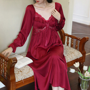 红色睡裙女春秋季本命年新娘晨袍高级感仿真丝性感蕾丝冰丝带胸垫