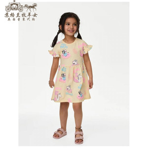 英国M&S玛莎代购 女童女婴24新款 黄色小猪佩奇纯棉短袖连衣裙子