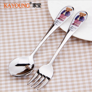 韩国进口KY304不锈钢儿童餐具儿童勺叉18-10泰迪熊卡通形象餐具