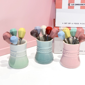 酷彩LE CREUSET家用陶瓷创意不锈钢水果签小叉子收纳罐甜品叉套装