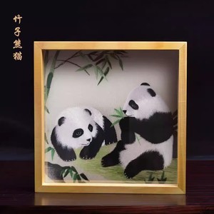 中国风蜀绣手工双面刺绣熊猫中式方形摆件居家饰品送礼外国人礼物