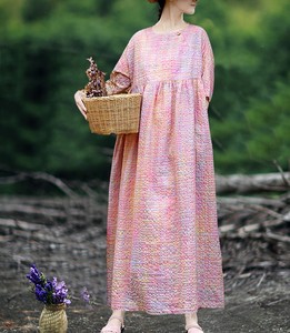 阿元作品同款连衣裙彩虹粉色格子盐缩亚麻宽松高腰长裙夏茶服瑜伽