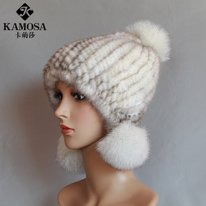 KAMOSA新款皮草帽子女冬季韩版编织帽狐狸毛大球装饰护耳保暖帽子