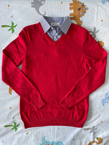 9成新 男童女童HM红色衬衫领假两件纯棉线针织毛衣，新年春节
