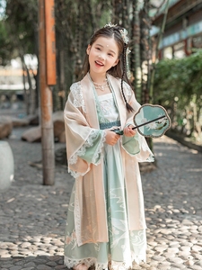 【初立】原创改良汉服女童装西梁子对襟套装中国风儿童汉服长褙子