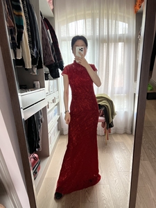 正红色蕾丝旗袍长裙鱼尾裙