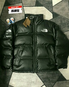 Supreme联名北面羽绒棉皮衣保暖羽绒服男皮面短款TNF联