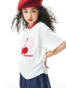 全新女童樱桃短袖T恤，纯棉面料，手感柔软，红色樱桃贴布刺绣，