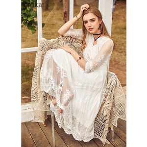 XArtka阿卡2020夏季新款蕾丝绣花白色仙女连衣裙长裙女