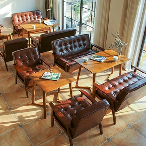 汉堡王瑞幸咖啡桌椅组合 复古休闲咖啡厅甜品店餐厅美式装修桌椅