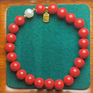 8mm 朱砂辰砂手链搭配一颗珍珠点缀  颜色艳红手串 含沙量96以上