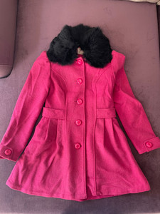 极美度女士可爱泡泡袖毛呢大衣，玫粉色L码，商场购入质量好，便