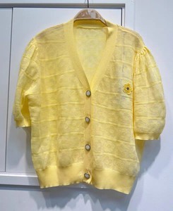 ONEMORE夏季开衫针织宽松外套，文墨嫩黄色针织短袖开衫，