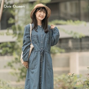 DoisQueen彩后台北长袖牛仔缩腰连衣裙秋a字裙宽松大码