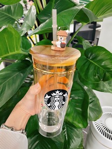 【全新闲置】韩国星巴克经典木盖双层绿色星吸管杯咖啡农梅森小熊