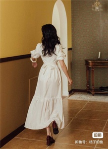 白色在逃公主裙超仙长裙女夏连衣裙到脚踝仙气及踝收腰泡泡袖裙子