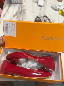 包邮转9新kisscat接吻猫专柜正品红色牛漆皮女鞋 单鞋