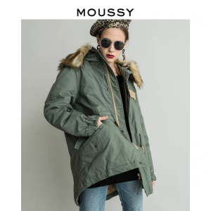 MOUSSY 新款军装风毛领带帽收腰中长款羽绒服010BAA