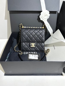 Chanel/香奈儿CF竖款复古黑金牛皮透明珍珠菱格链条包,