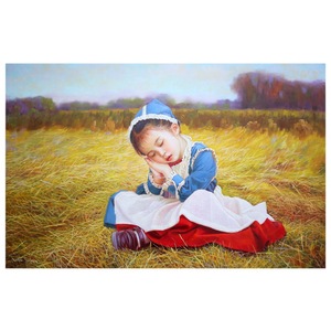 朝鲜艺术家李英勋《草地上的小姑娘》朝鲜人物油画