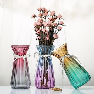 收腰花瓶渐变双色简约创意欧式竖纹玻璃装饰插花水培细腰摆件