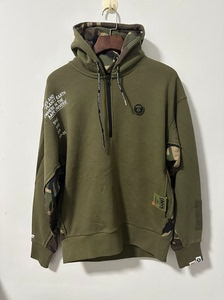 AAPE 20秋冬男装猿人徽章字母迷彩拼接连帽 卫衣3728