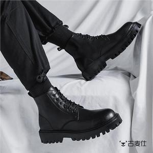 马丁靴男春季新款中帮英伦风皮鞋厚底高帮工装复古皮鞋黑色皮靴子