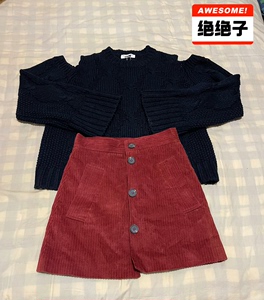 韩国代购正品 黑色露肩毛衣 宽松版 长58 粗线质感 +酒红