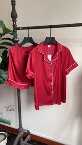 商场专柜正品桃花季韩国品牌睡衣女夏季冰丝稠短袖长裤大红色网红