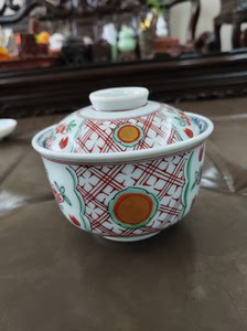 日本福字款盖碗 青花染付手绘描金  盖碗  茶碗  地包天福