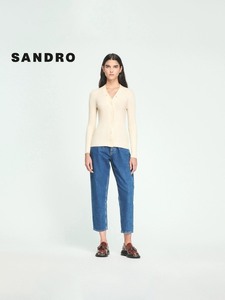 SANDRO经典款女装法式慵懒条纹编织针织开衫修身上衣SFP