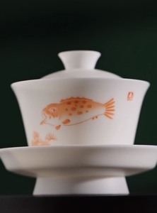 月记窑 羊脂玉瓷手绘“富贵有鱼”三才盖碗100ml高端白瓷送