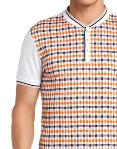 报喜鸟格纹时尚短袖T恤 男针织T恤衫 纯棉 橙黄色和蓝色