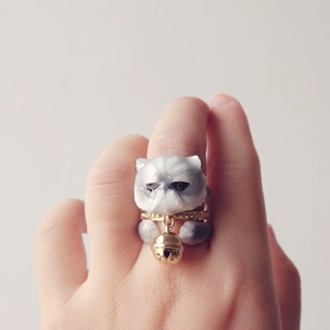 merryme泰国原创设计师超萌灰色大脸猫可爱招财猫戒指铃铛