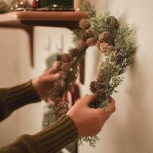 植绒雪花天然松果松塔串真绿植松叶松枝编织花环圣诞节壁挂装饰