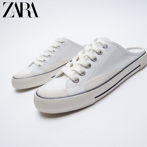 ZARA半拖女鞋 新款半拖鞋 亚洲限定裸色露跟休闲小白鞋帆布