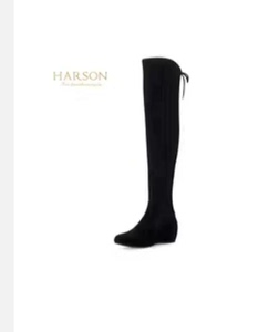 哈森冬季女鞋性感平跟高筒靴 羊皮绒圆头内增高过膝长靴