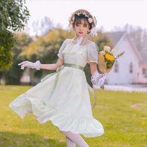 御茶家铃兰百合法式连衣裙女JK制服高级感小众设计白绿色复古夏