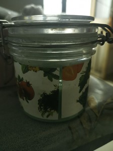 出一罐密封的玻璃罐，内部装有植物标本。罐子带有盖子，方便保存