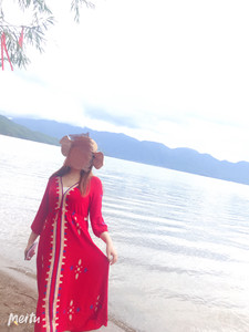 波西米亚风棉麻吊带红色长裙丽江青海泰国旅游名族风大码连衣裙波