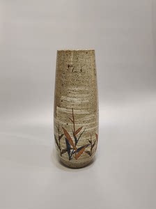 日本中古花瓶·粗陶 手绘刷毛目花器 花入 手绘竹叶纹 ，古朴