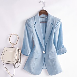格子小西装外套女2020夏季新款蓝色薄款西服上衣